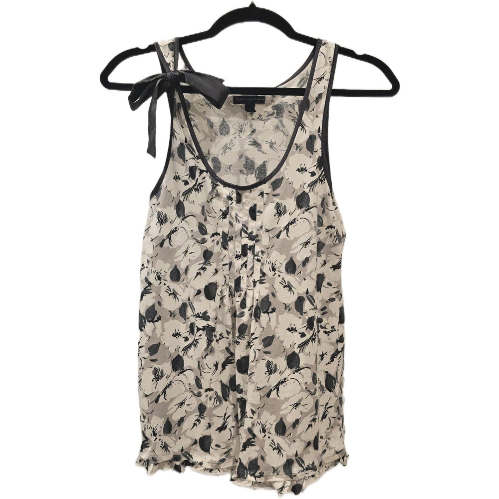American Eagle Outfitters Floral Tank Top Gray Cream Bow Shoulder Pleated Medium